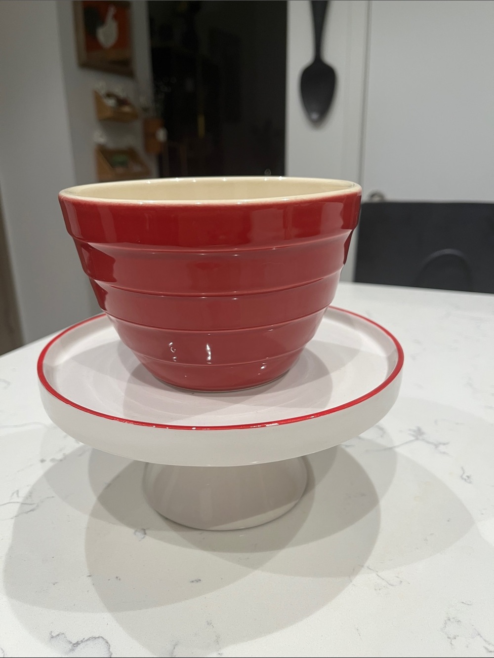 Crate&Barrel Red and Cream Ceramic Bowl with White Pedestal Plate